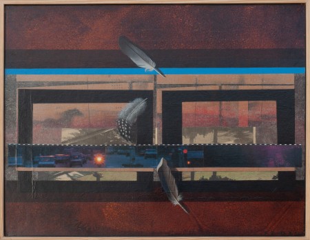 Extérieur nuit 65x50 Francine JUNKA artiste peintre française : techniques mixtes avec peinture acrylique en trompe l'oeil, techniques personnelle d'impressions artistiques, retouches d'images, jeux de matières et collages.
