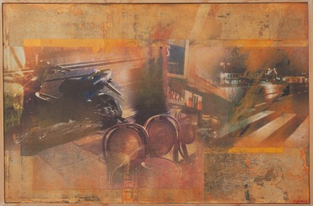 La ronde de nuit 81x54 Francine JUNKA artiste peintre française : techniques mixtes avec peinture acrylique, impressions artistiques, retouches d'images, jeux de matières et collages.