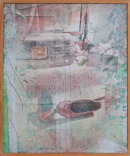 La vie en rose 54x45 Francine JUNKA artiste peintre française : techniques mixtes avec peinture acrylique, impressions artistiques, retouches d'images, jeux de matières et collages.