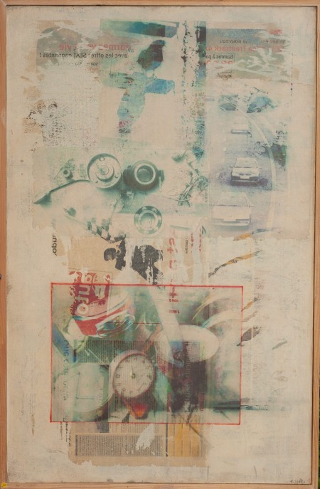 L'homme préssé 100x65 Tableau d'artiste : techniques mixtes avec peinture acrylique, techniques personnelle d'impressions artistiques, retouches d'images, jeux de matières et collages.