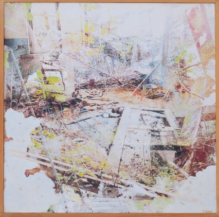Résilience 70x70 Francine JUNKA artiste peintre française : techniques mixtes avec peinture acrylique, techniques personnelle d'impressions artistiques, retouches d'images, jeux de matières et collages.