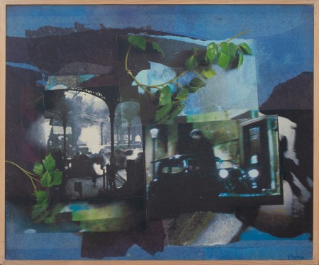 Train de nuit 65x54 Tableau d'artiste : techniques mixtes avec peinture acrylique en trompe l’œil, techniques personnelle d'impressions artistiques, retouches d'images, jeux de matières et collages.