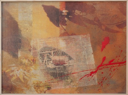 Zen 73x50 Tableau d'artiste : techniques mixtes avec peinture acrylique, techniques personnelle d'impressions artistiques, retouches d'images, jeux de matières et collages.